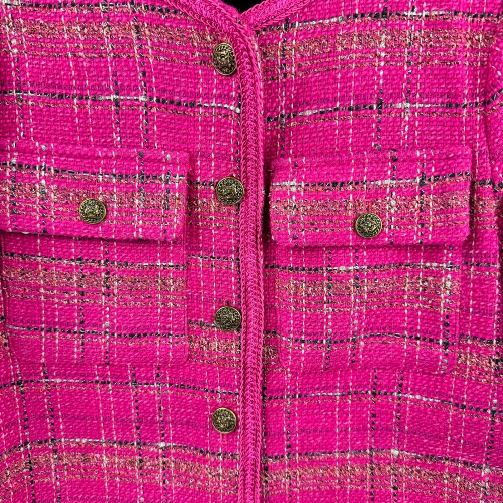 AQUA Tweed Plaid Jacket Women Medium Pink Gold Button Cropped Wool Blend Preppy - Picture 7 of 13